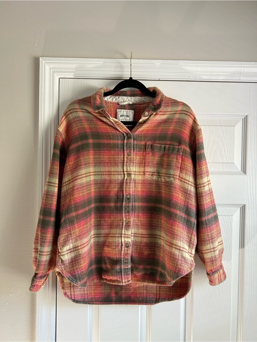 American Eagle Outfitters Plaid Shirt Jacket in Pink, Green & Cream
